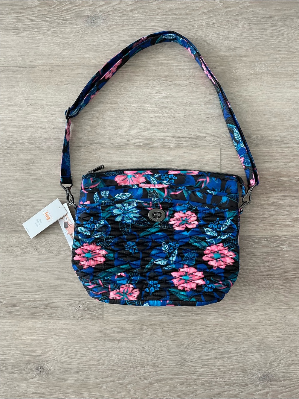 Lug Quilted Floral Crossbody Bag in Black with Pink & Blue Flowers